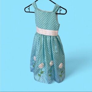 American Princess Aqua Polka Dot Floral Sash Dress